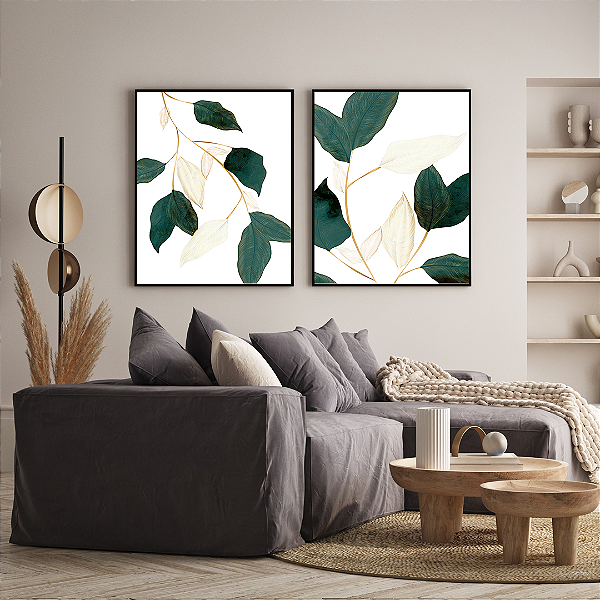 Conjunto com 2 quadros FineArt Botânica Desenhada com Folhas de Árvore