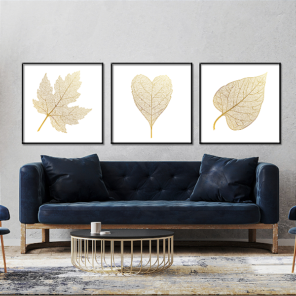 Conjunto com 3 quadros FineArt Ilustração com Folhas em Ouro