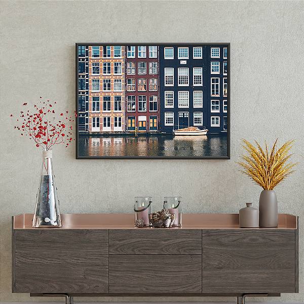 Quadro FineArt Canal de Amsterdã Damrak na Holanda