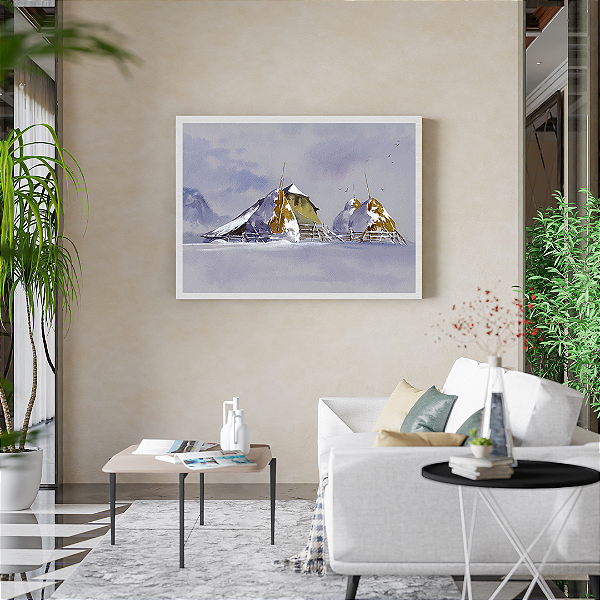 Quadro FineArt Ilustração de Casa no Inverno em Aquarela