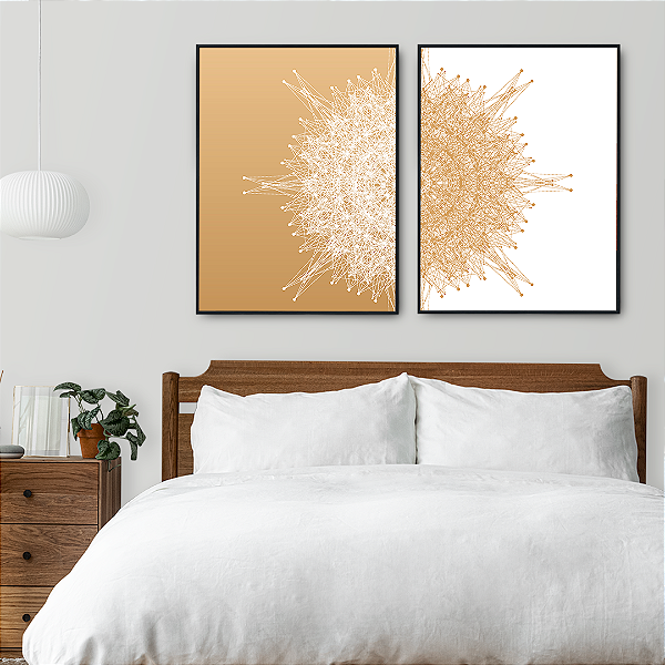 Conjunto com 2 quadros FineArt Mandala com Formas Orgânicas em Dourado