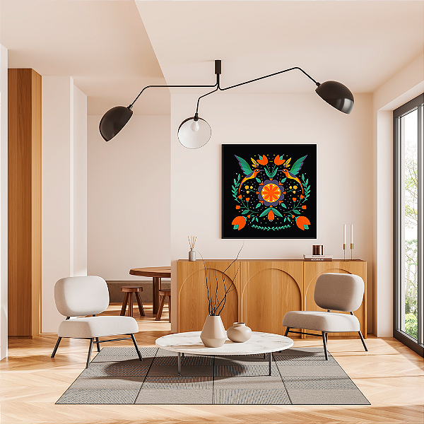Quadro FineArt Ilustração com Florais e Pássaros