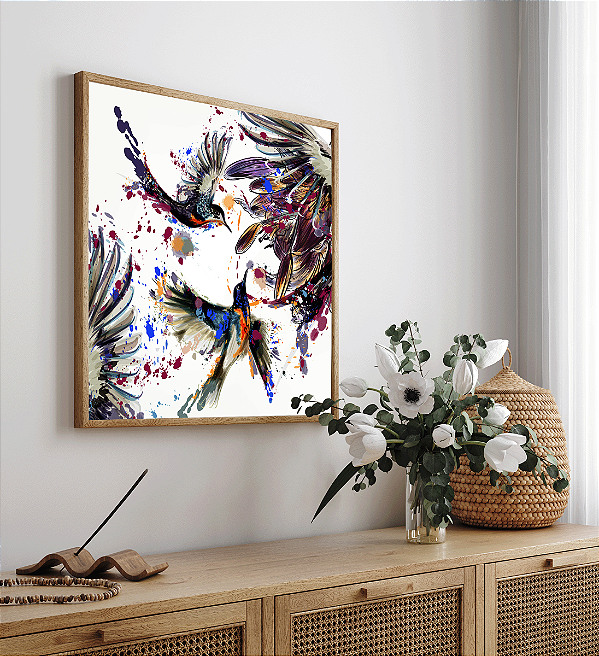 Quadro FineArt Ilustração com Pássaros e Flores com Respingos de Tinta