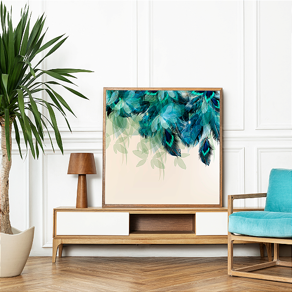 Quadro FineArt Ilustração com Pena de Pavão em Tons Azuis
