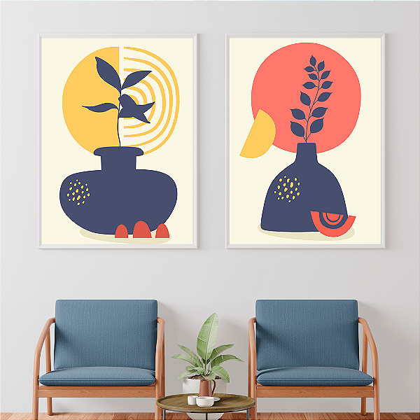 Conjunto com 2 quadros FineArt Ilustração de Vasos em Forma Geométrica