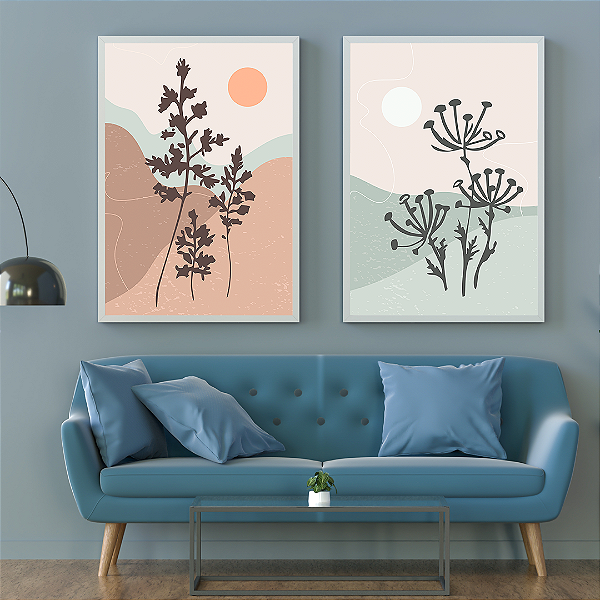 Conjunto com 2 quadros FineArt Ilustração Dueto Botânico Minimalista