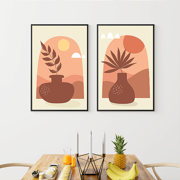 Conjunto com 2 quadros FineArt Ilustração Vasos Abstrato em Terracota