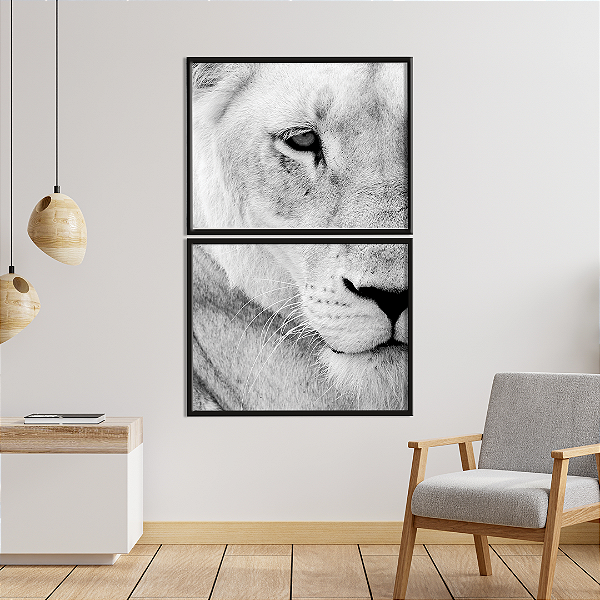 Conjunto com 2 quadros FineArt Leão do Atlas em Preto e Branco