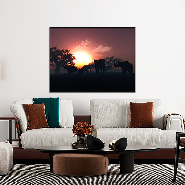 Quadro FineArt Elefantes em Paisagem no Pôr do Sol