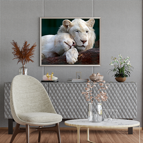 Quadro FineArt Leão e Leoa Brancos Descansando