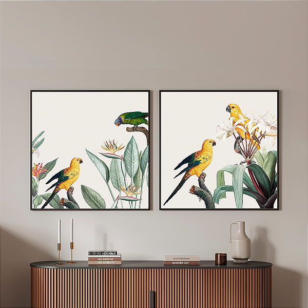 Conjunto com 2 quadros FineArt Ilustração Tropical com Pássaros