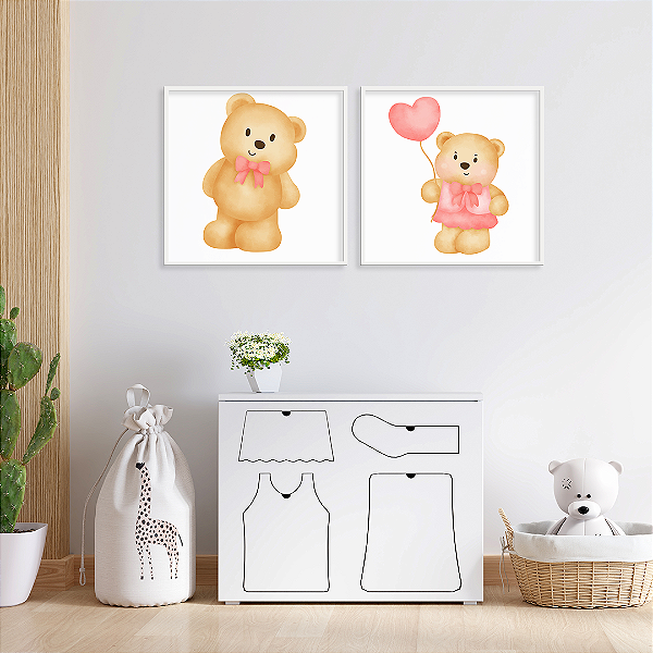 Conjunto com 2 quadros FineArt Infantil Urso e Ursa Bebê