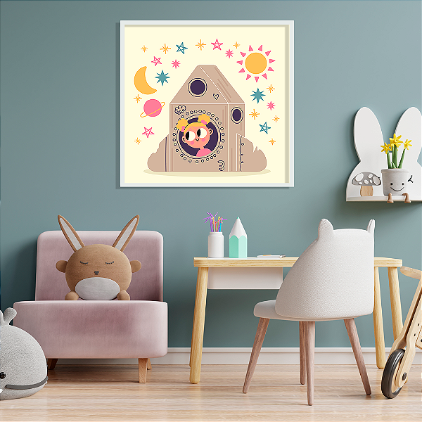 Quadro FineArt Infantil Ilustração Menina na Nave Espacial de Papelão