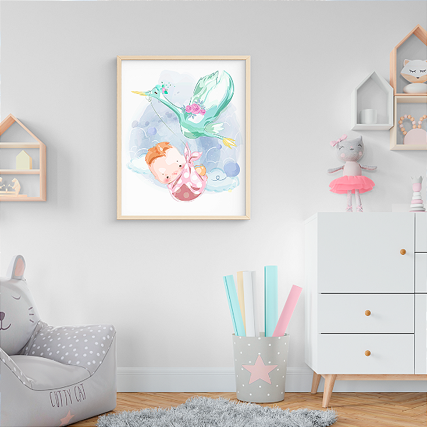 Quadro FineArt Infantil Ilustração Recém-nascido Levado pela Cegonha