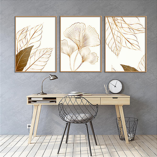 Conjunto de 3 Quadros FineArt Flores Abstratas em Dourado