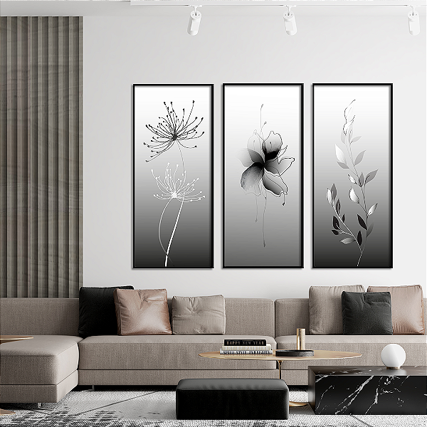 Conjunto de 3 Quadros FineArt Flores em Preto e Branco