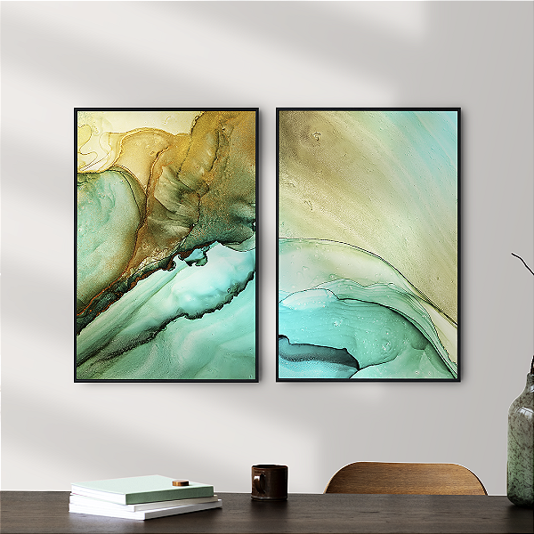 Conjunto com 2 quadros FineArt Abstrato Verde em Movimento