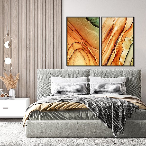 Conjunto com 2 quadros FineArt Abstrato com Manchas Tropicais em Laranja e Verde