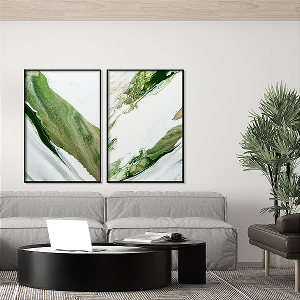 Conjunto com 2 quadros FineArt Abstrato Tinta em Movimento em Tons de Verde