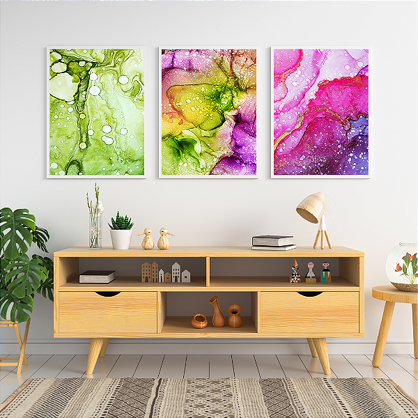 Conjunto com 3 quadros FineArt Abstrato com Manchas de Tinta Jardim de Cores