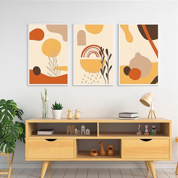 Conjunto com 3 quadros FineArt Abstrato  com Formas  Desenhadas à Mão
