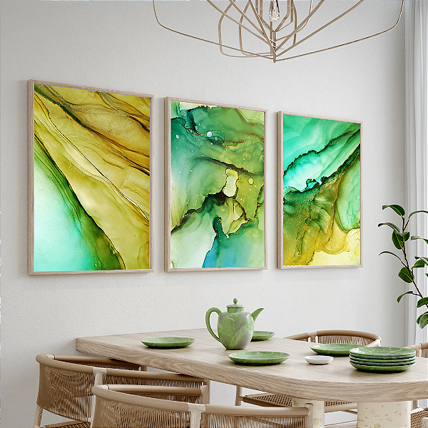 Conjunto com 3 quadros FineArt Abstrato Marmorizado Harmonia Verde-Amarela