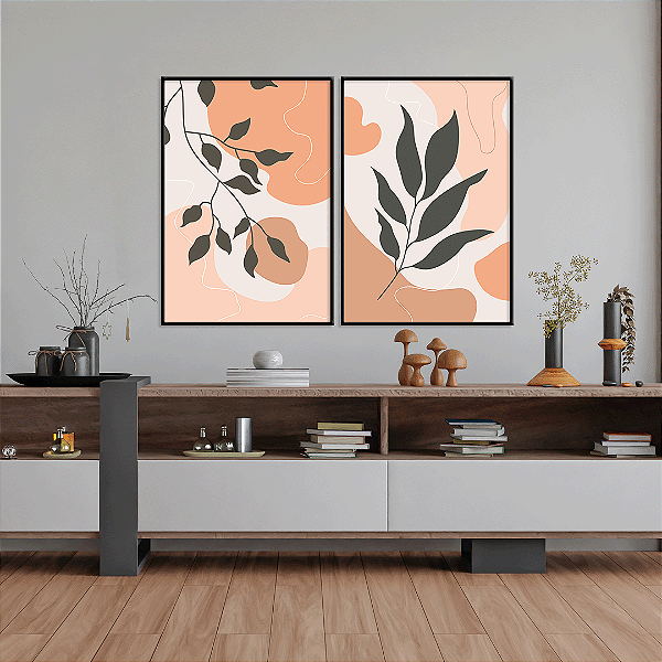 Conjunto com 2 quadros FineArt Abstrato entre Plantas e Formas