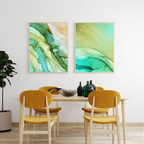 Conjunto com 2 quadros FineArt Abstrato Pintura Reflexos de Verde