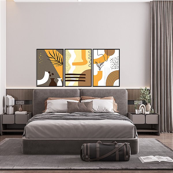 Conjunto com 3 quadros FineArt Abstrato com Formas Minimalistas