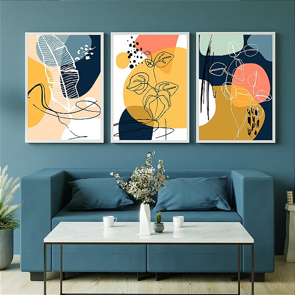 Conjunto com 3 quadros FineArt Abstrato Botânico com Cores e Formas Naturais