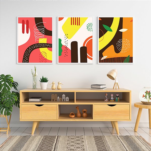 Conjunto com 3 quadros FineArt Abstrato com Formas Minimalista e Fragmentos de Cor