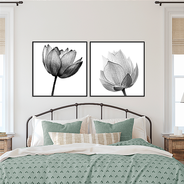 Conjunto com 2 quadros FineArt Flores Lótus em Preto e Branco