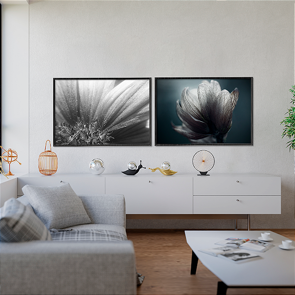 Conjunto com 2 quadros FineArt Flores Detalhe de Pétalas em Preto e Branco
