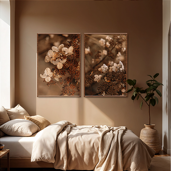 Conjunto com 2 quadros FineArt Flores Hortênsias secas no Outono