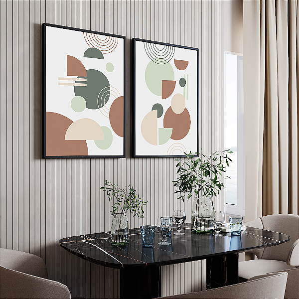 Conjunto com 2 quadros FineArt Abstrato com Composição Orgânica, Linhas e Tons Naturais
