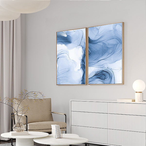 Conjunto com 2 quadros FineArt Abstrato em Aquarela Névoa Azul