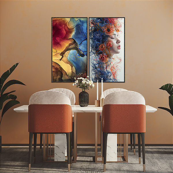 Conjunto com 2 quadros FineArt Figurativo Poesia Líquida: O Encontro da Mulher com a Aquarela