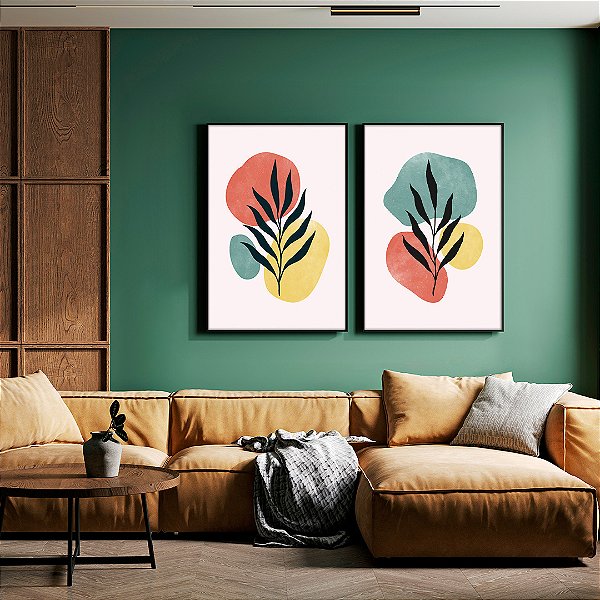 Conjunto com 2 quadros FineArt Abstrato com Formas Vivas e Folhagens