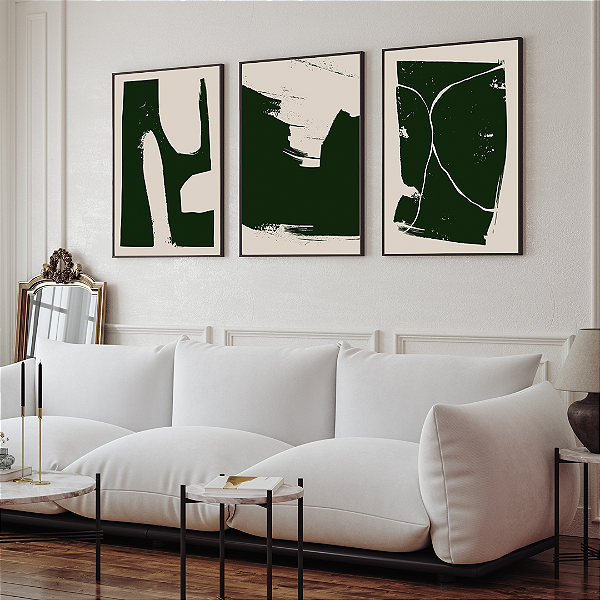 Conjunto com 3 quadros FineArt abstrato Verde Essencial