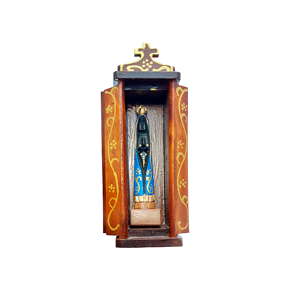 Oratório + Figura Religiosa Esculpida em Madeira 12cm - N.S.Aparecida