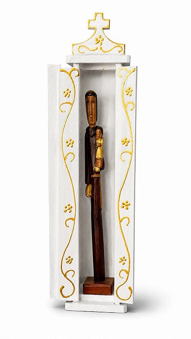 Oratório + Figura Religiosa Esculpida em Madeira de 21cm