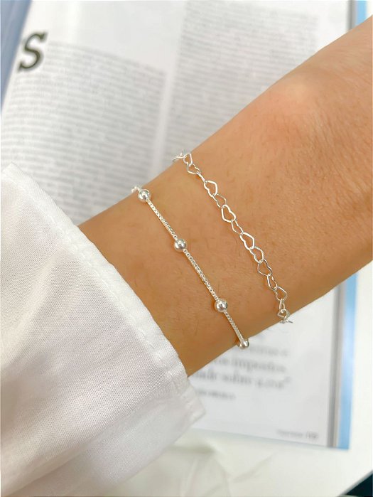Joias Kit Pulseiras de Prata 925 Coração e Bolinhas