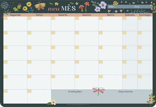 Planner Mensal de Mesa Linha Jardim Encantado_Cartões Gigantes