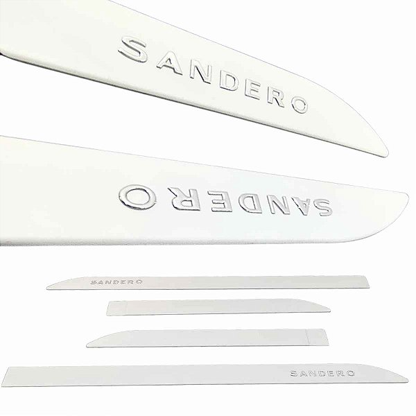 Friso lateral Sandero Branco Glacier nome cromado alto relvo