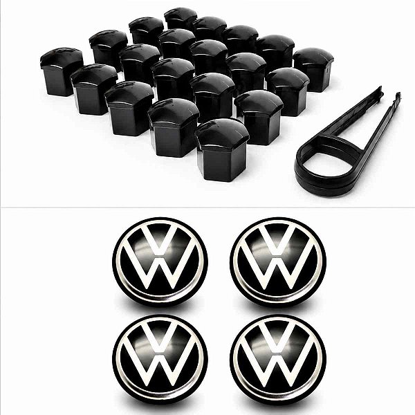 Kit 20 capas e calota centro roda VW parafuso 19mm + chave