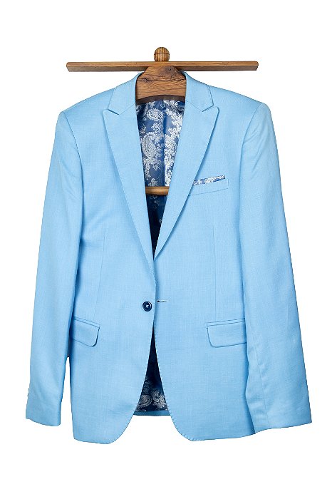Terno 1 botão 2 aberturas com peak lapel, calça com ajuste, Super Slim Fit - Cor: Azul Céu