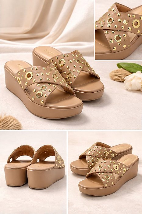 Tamanco Anabela Urban Studs – Taupe com Tachas Douradas