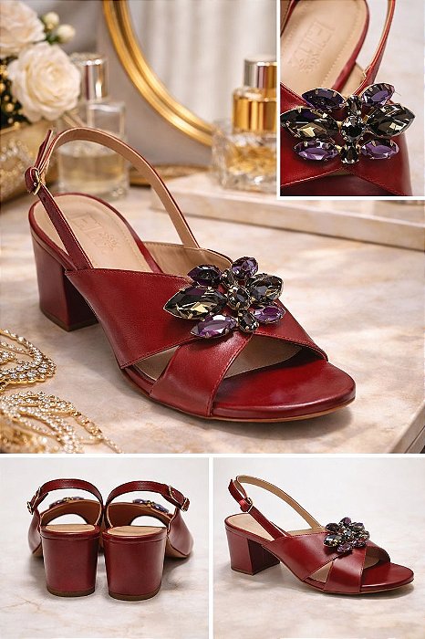 Sandália Slingback Vermelha com Pedrarias – Salto Médio Elegance