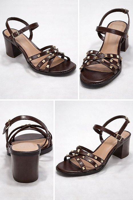 Sandália Feminina Marrom com Tiras e Tachas – Salto Médio