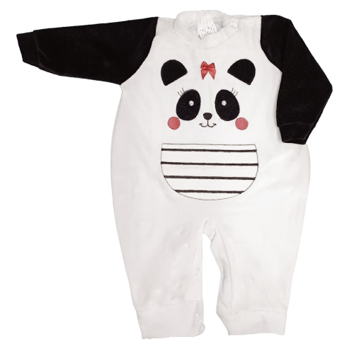 Macacão longo Menina P-M-G Panda Branco Preto - Petutinha